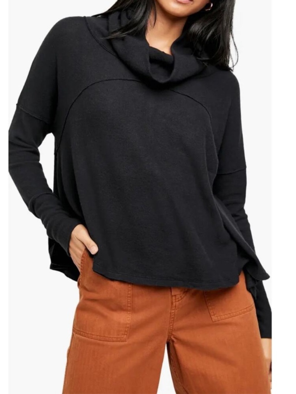 Free People We The Free Cozy Time Funnel Neck Top Black Swing Pullover‎ XS